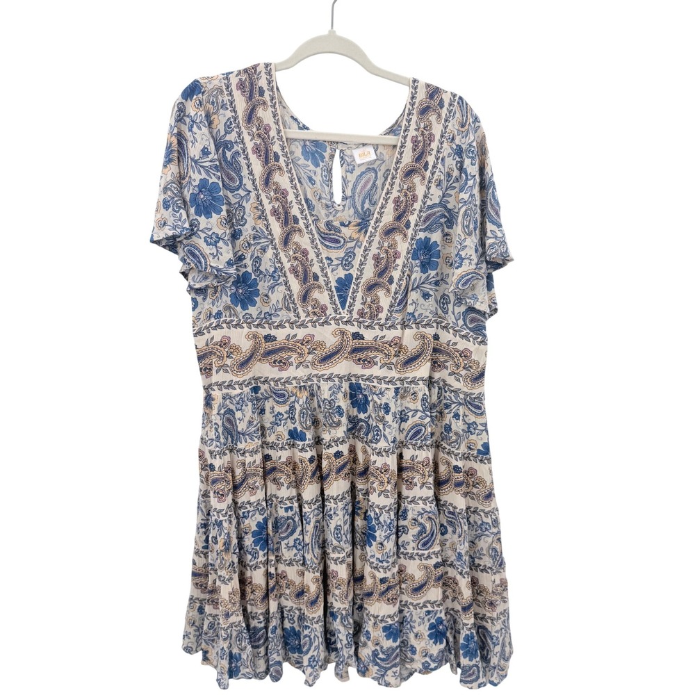 Bila Blue Paisley Floral V-Neck Tiered Mini Dress Short Sleeve Boho Womens L